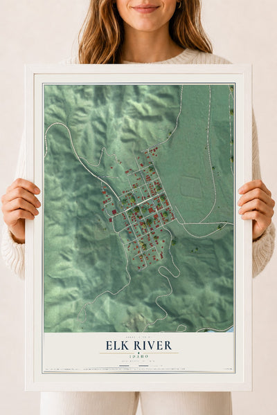 Map of Elk River, Idaho, 18 x 24 inch print in a white wood frame