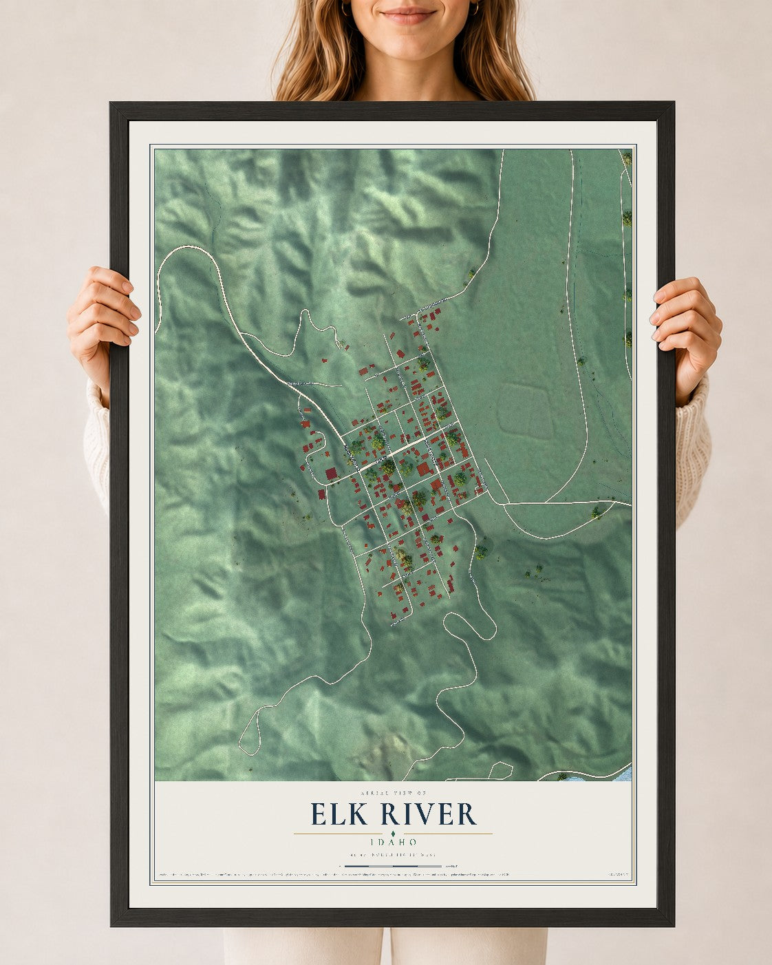 Map of Elk River, Idaho, 24 x 36 inch print in a black wood frame