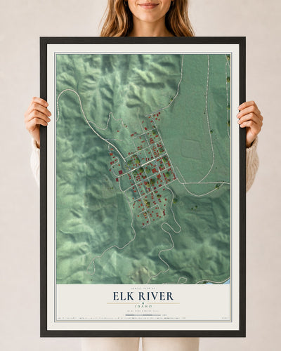 Map of Elk River, Idaho, 24 x 36 inch print in a black wood frame