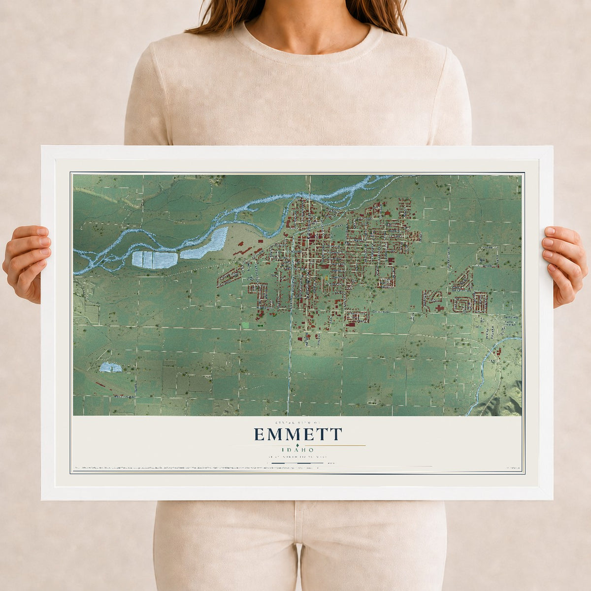 Map of Emmett, Idaho, 12 x 18 inch print in a white wood frame