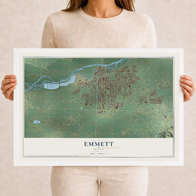 Map of Emmett, Idaho, 12 x 18 inch print in a white wood frame