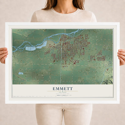 Map of Emmett, Idaho, 18 x 24 inch print in a white wood frame