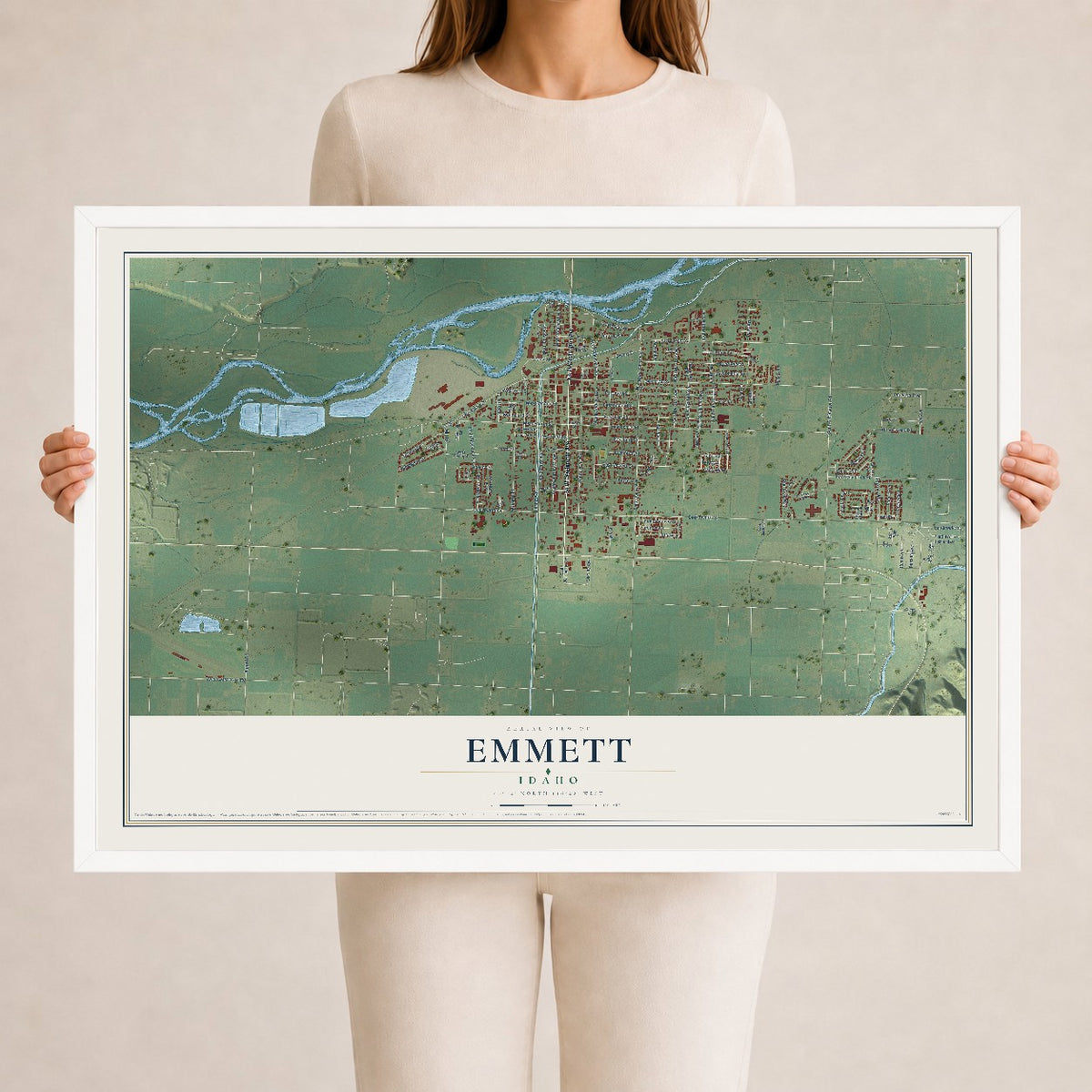 Map of Emmett, Idaho, 24 x 36 inch print in a white wood frame