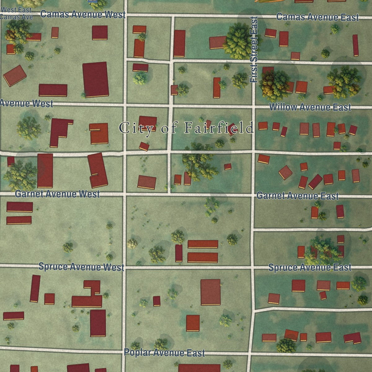 Close-up of the map of Fairfield, Idaho print showing street and building detail