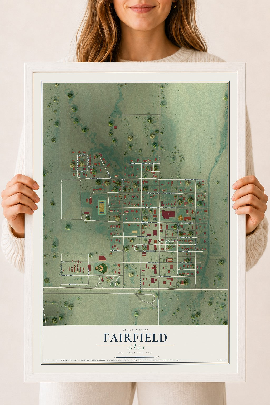 Map of Fairfield, Idaho, 18 x 24 inch print in a white wood frame