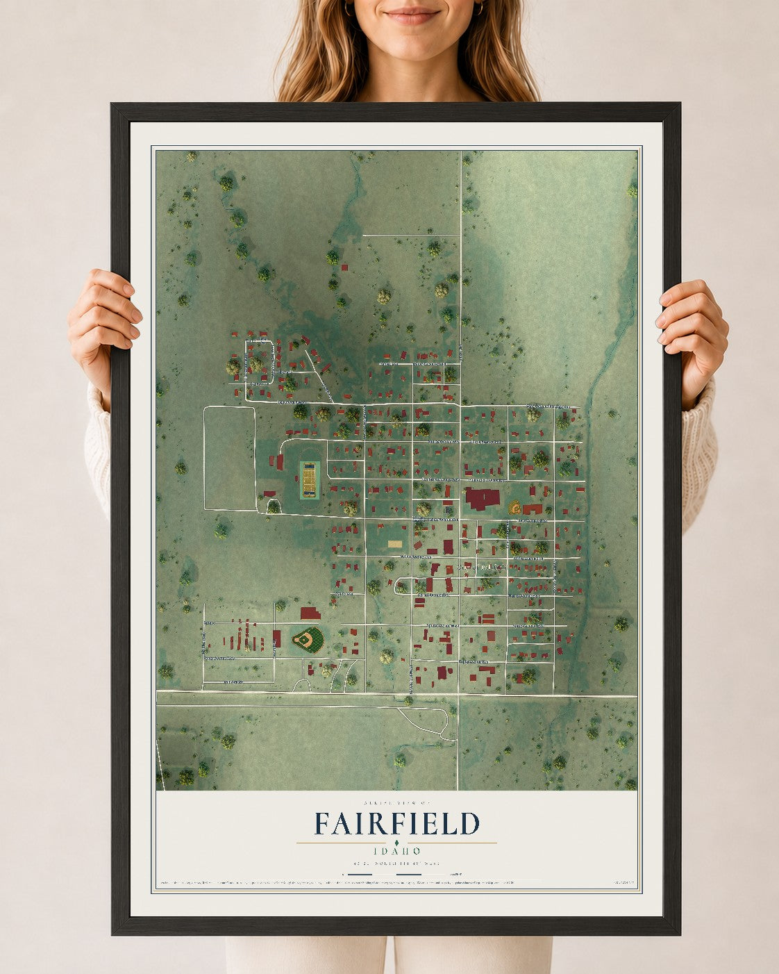 Map of Fairfield, Idaho, 24 x 36 inch print in a black wood frame