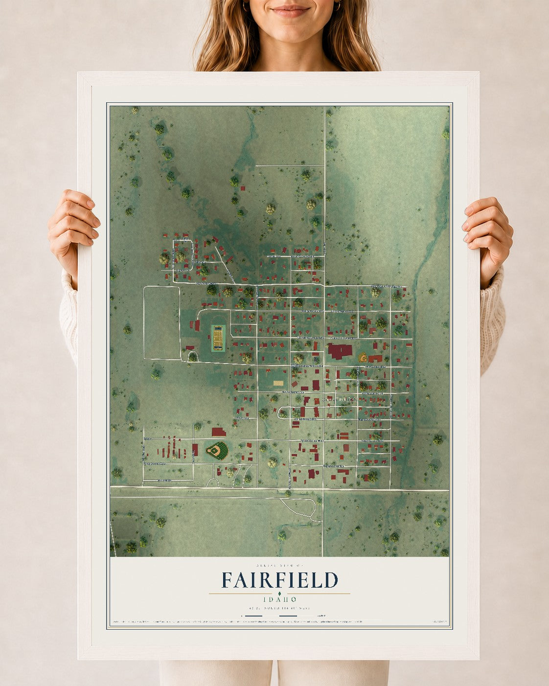 Map of Fairfield, Idaho, 24 x 36 inch print in a white wood frame