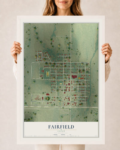 Map of Fairfield, Idaho, 24 x 36 inch print in a white wood frame