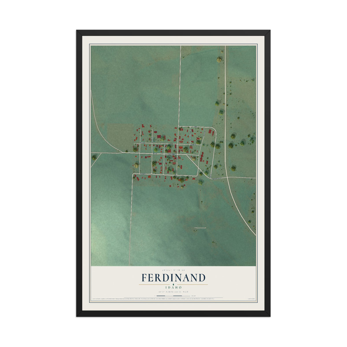 Map of Ferdinand, Idaho, 12 x 18 inch print in a black wood frame
