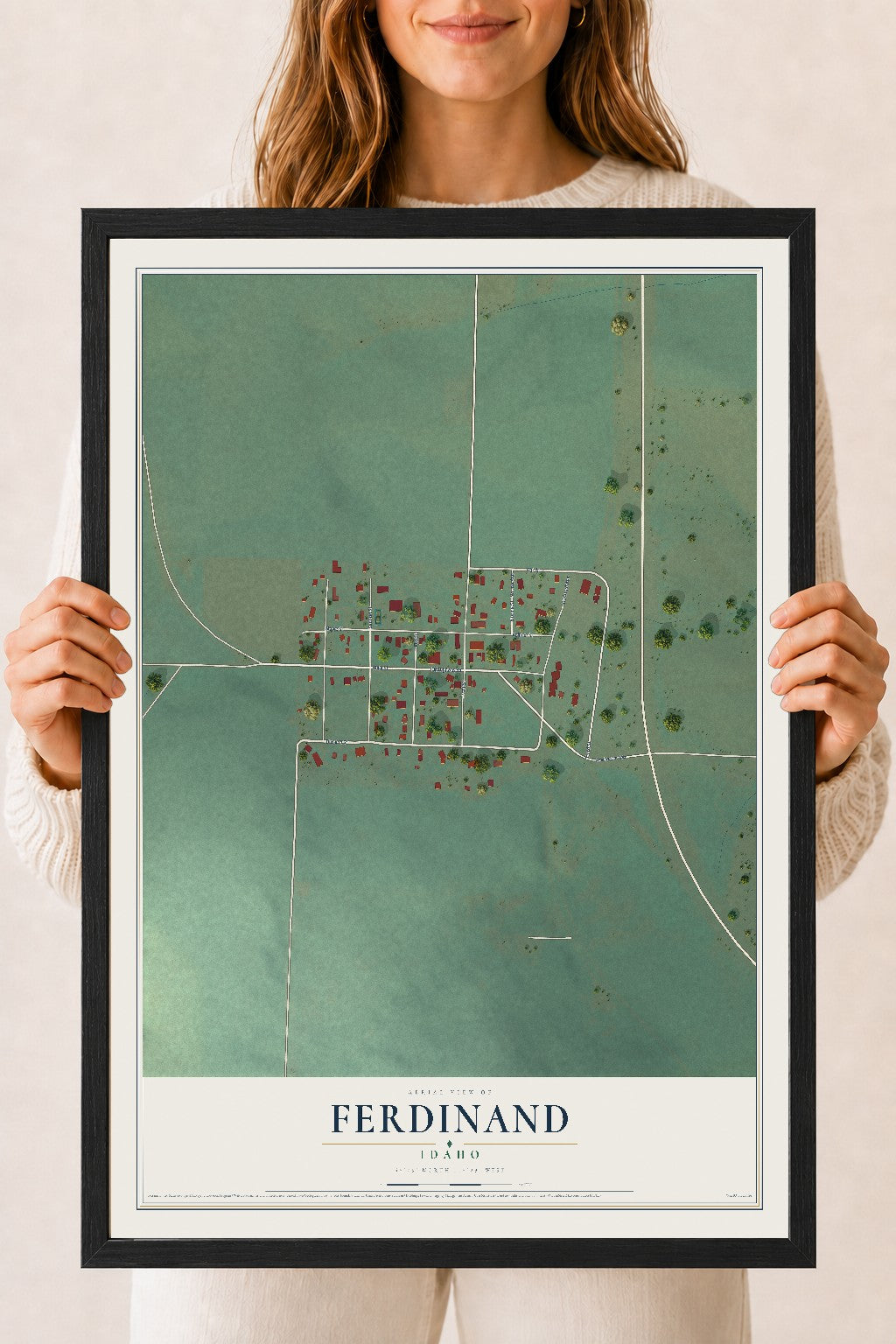 Map of Ferdinand, Idaho, 18 x 24 inch print in a black wood frame