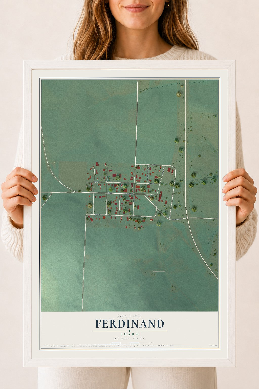Map of Ferdinand, Idaho, 18 x 24 inch print in a white wood frame