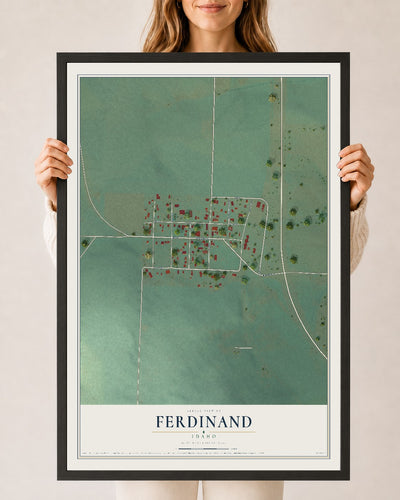 Map of Ferdinand, Idaho, 24 x 36 inch print in a black wood frame