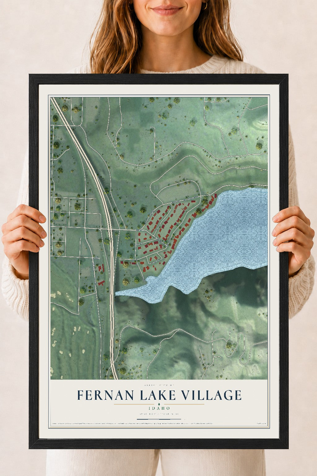 Map of Fernan Lake Village, Idaho, 18 x 24 inch print in a black wood frame