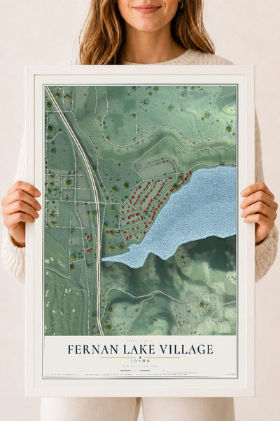 Map of Fernan Lake Village, Idaho, 18 x 24 inch print in a white wood frame