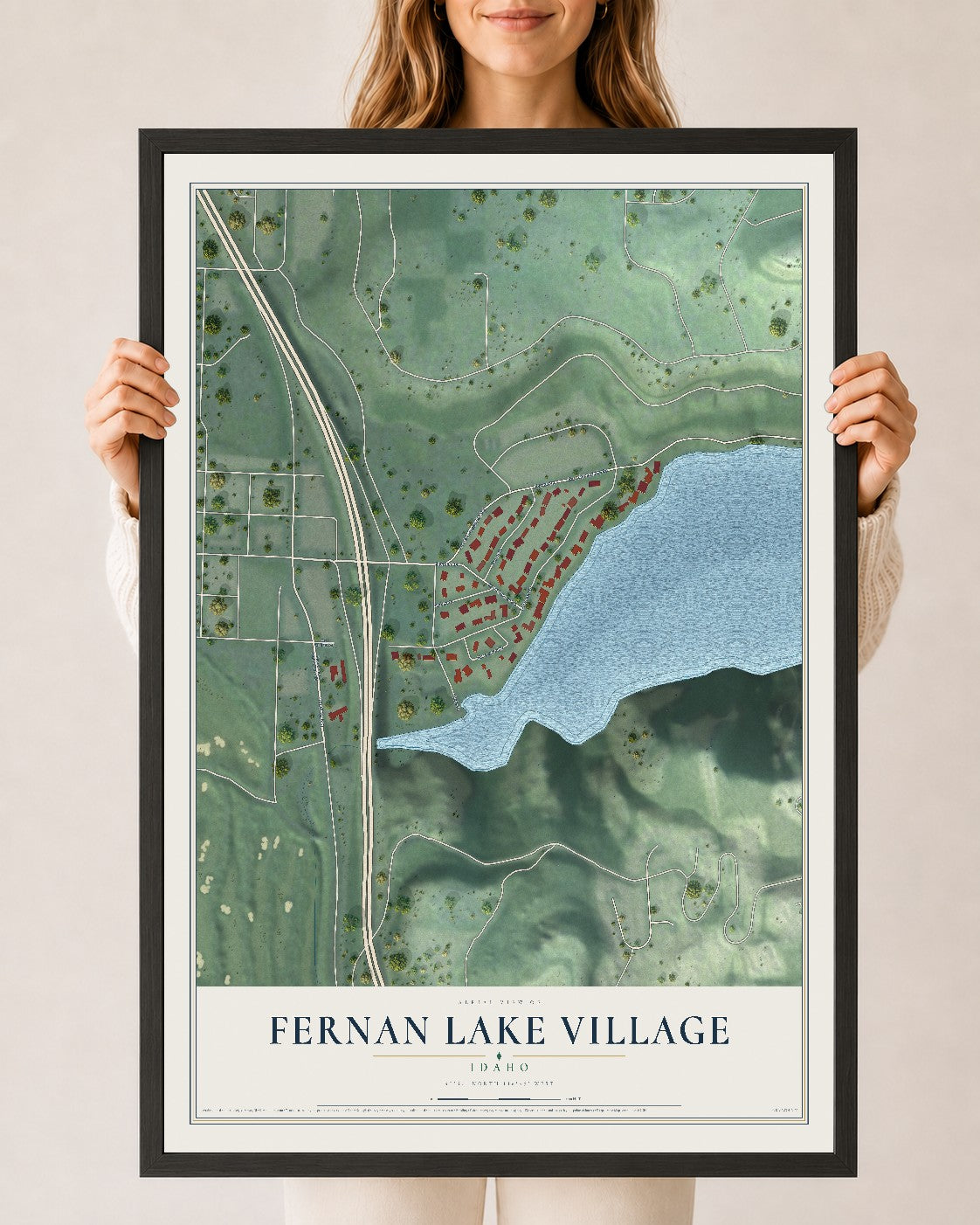 Map of Fernan Lake Village, Idaho, 24 x 36 inch print in a black wood frame