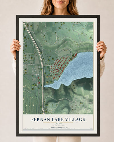 Map of Fernan Lake Village, Idaho, 24 x 36 inch print in a black wood frame
