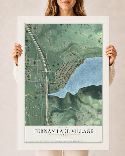 Map of Fernan Lake Village, Idaho, 24 x 36 inch print in a white wood frame