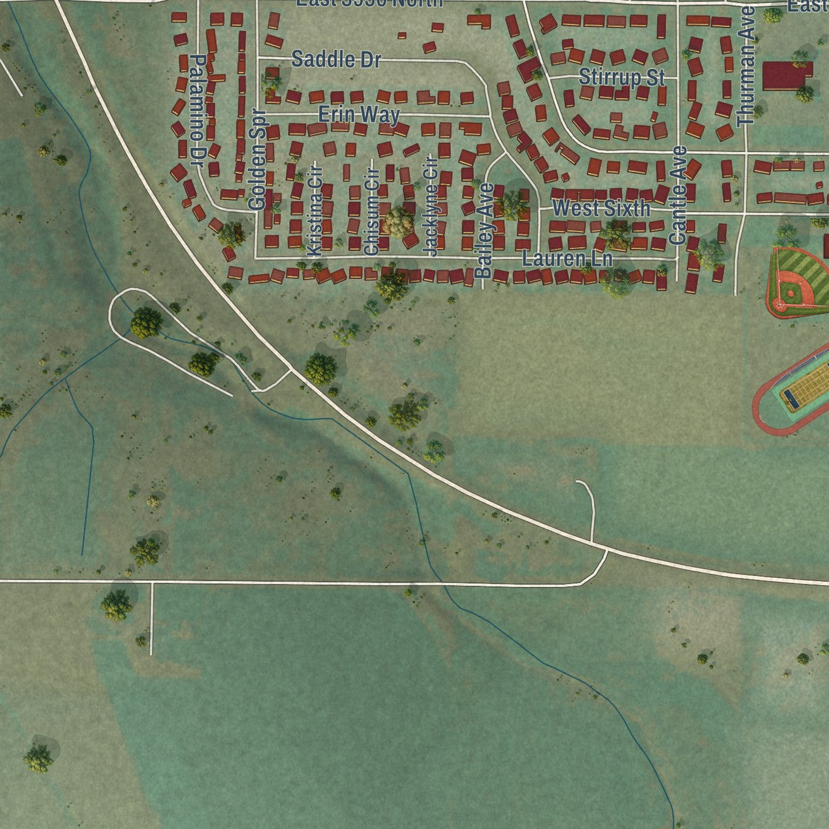 Second close-up of the map of Filer, Idaho print showing more streets and buildings