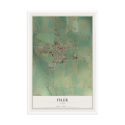Map of Filer, Idaho, 12 x 18 inch print in a white wood frame