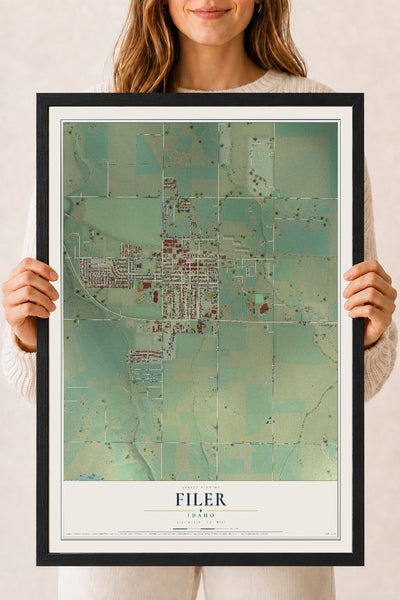 Map of Filer, Idaho, 18 x 24 inch print in a black wood frame