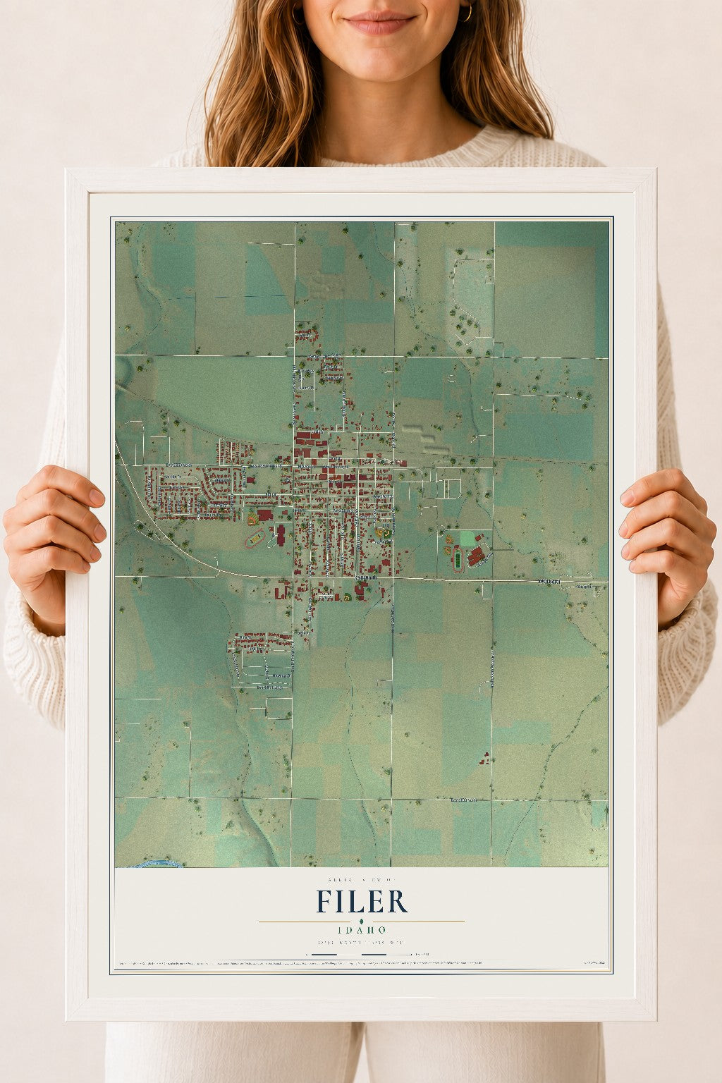 Map of Filer, Idaho, 18 x 24 inch print in a white wood frame