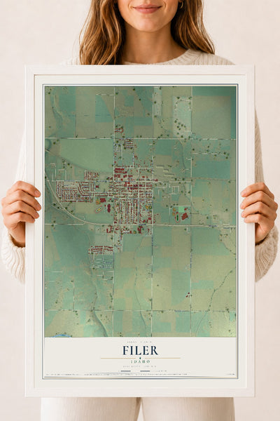 Map of Filer, Idaho, 18 x 24 inch print in a white wood frame