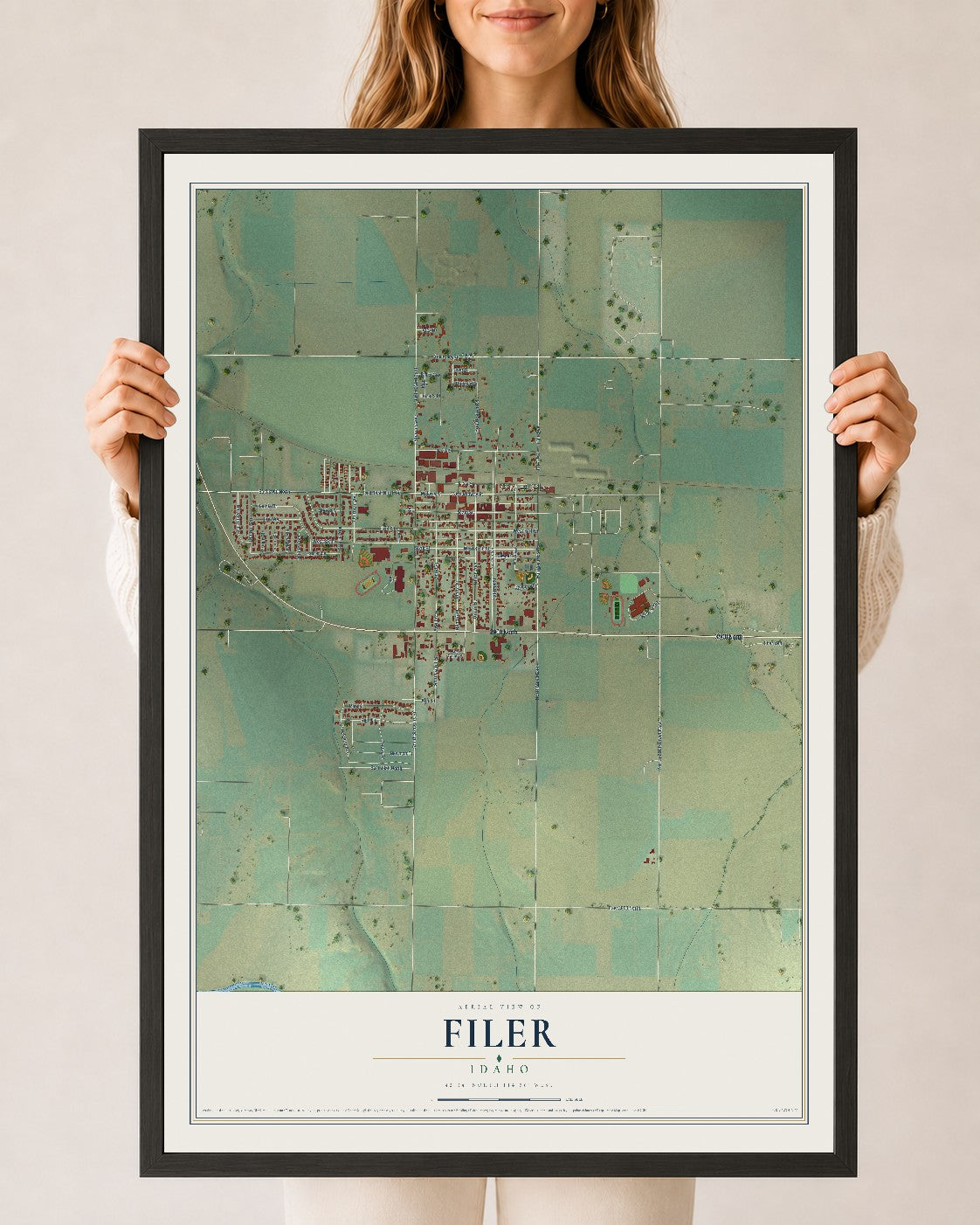 Map of Filer, Idaho, 24 x 36 inch print in a black wood frame