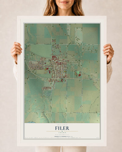 Map of Filer, Idaho, 24 x 36 inch print in a white wood frame