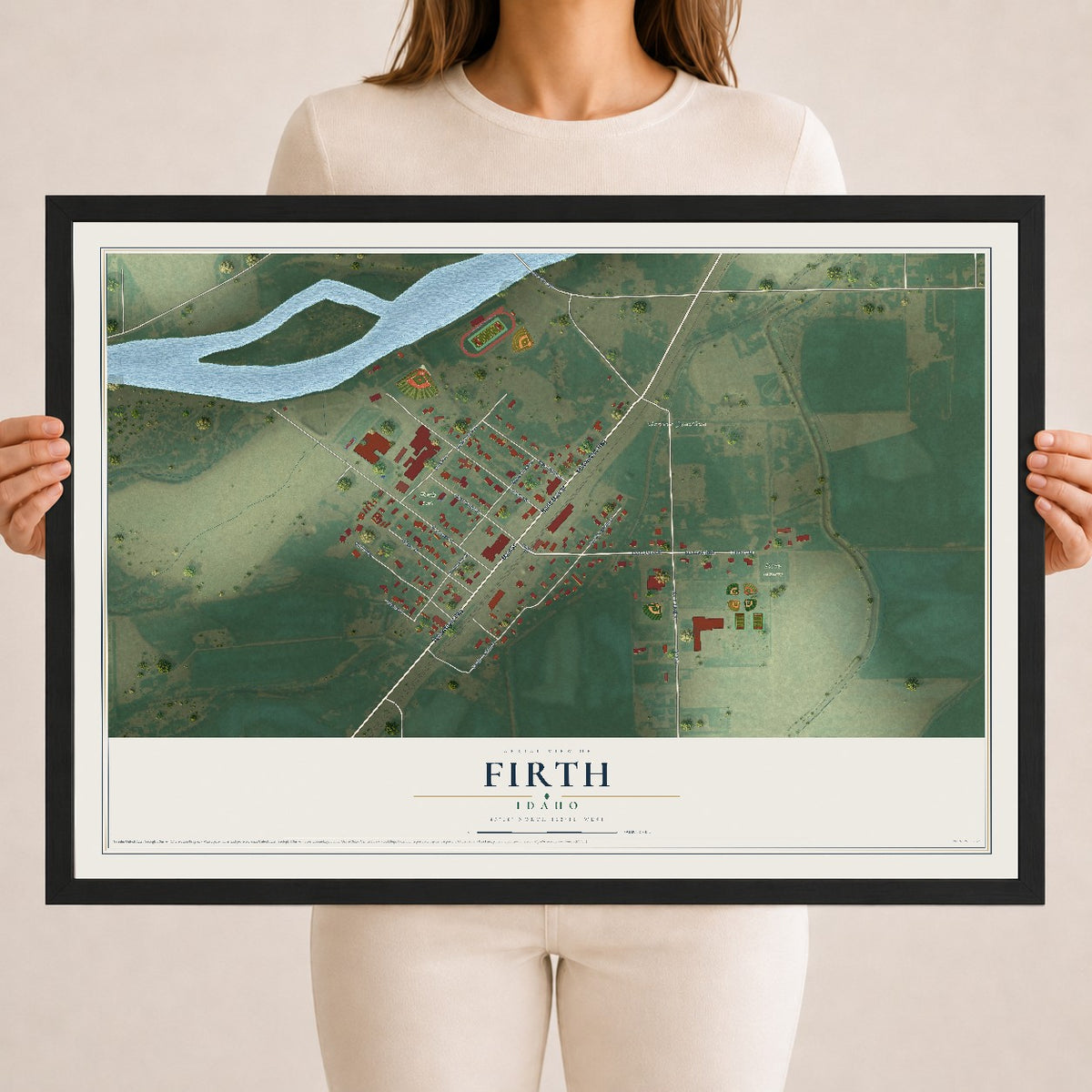 Map of Firth, Idaho, 18 x 24 inch print in a black wood frame
