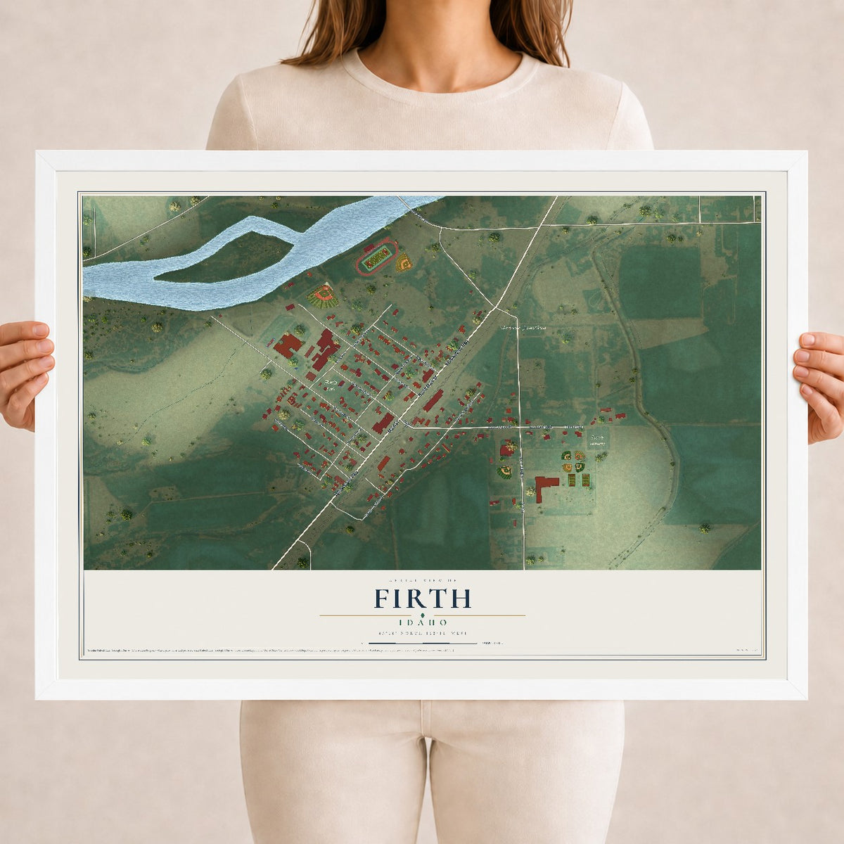 Map of Firth, Idaho, 18 x 24 inch print in a white wood frame