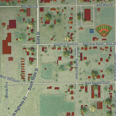 Close-up of the map of Franklin, Idaho print showing street and building detail