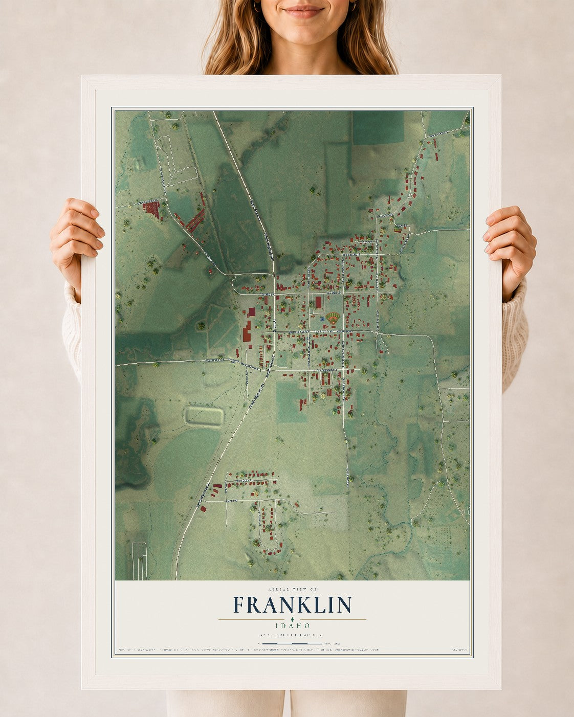 Map of Franklin, Idaho, 24 x 36 inch print in a white wood frame