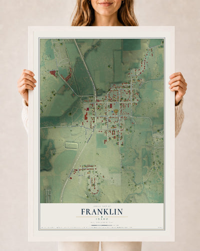 Map of Franklin, Idaho, 24 x 36 inch print in a white wood frame