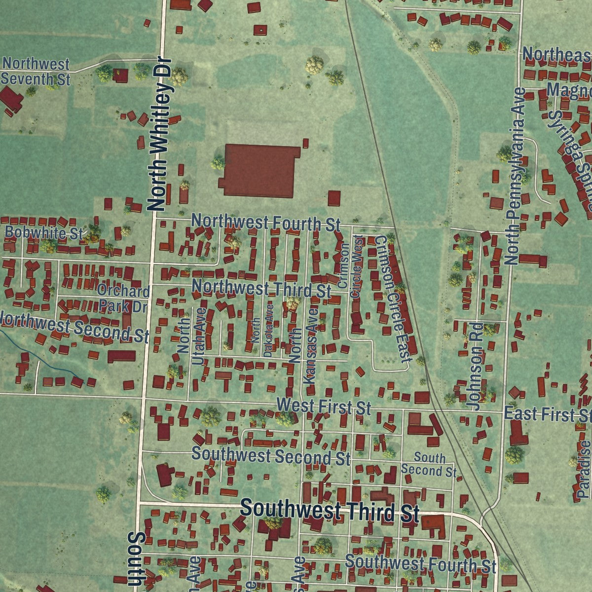 Close-up of the map of Fruitland, Idaho print showing street and building detail