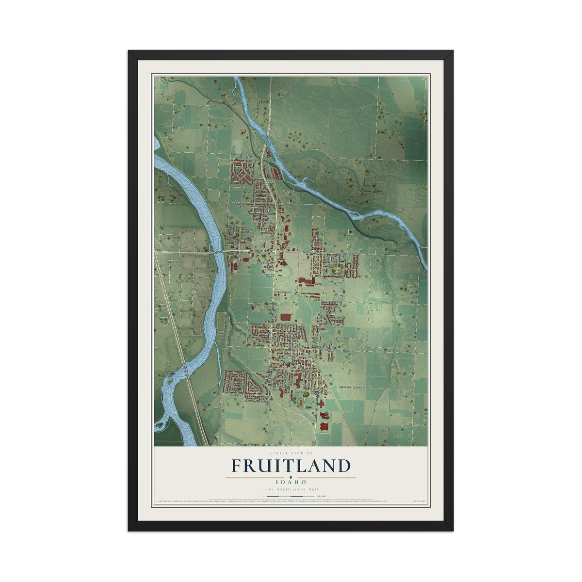 Map of Fruitland, Idaho, 12 x 18 inch print in a black wood frame