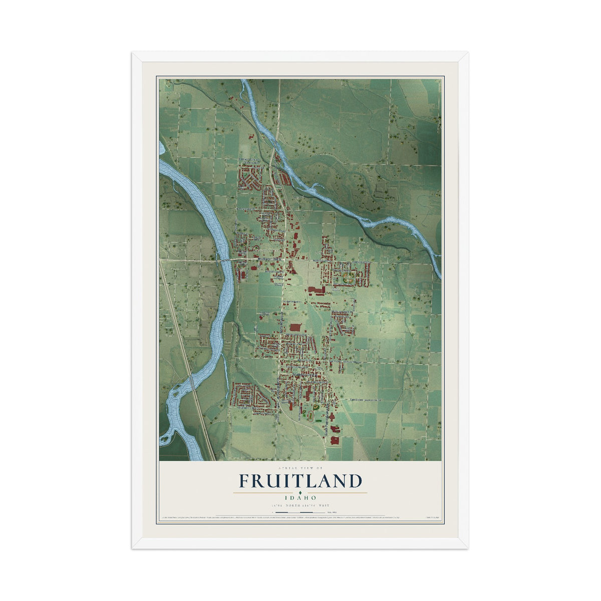 Map of Fruitland, Idaho, 12 x 18 inch print in a white wood frame