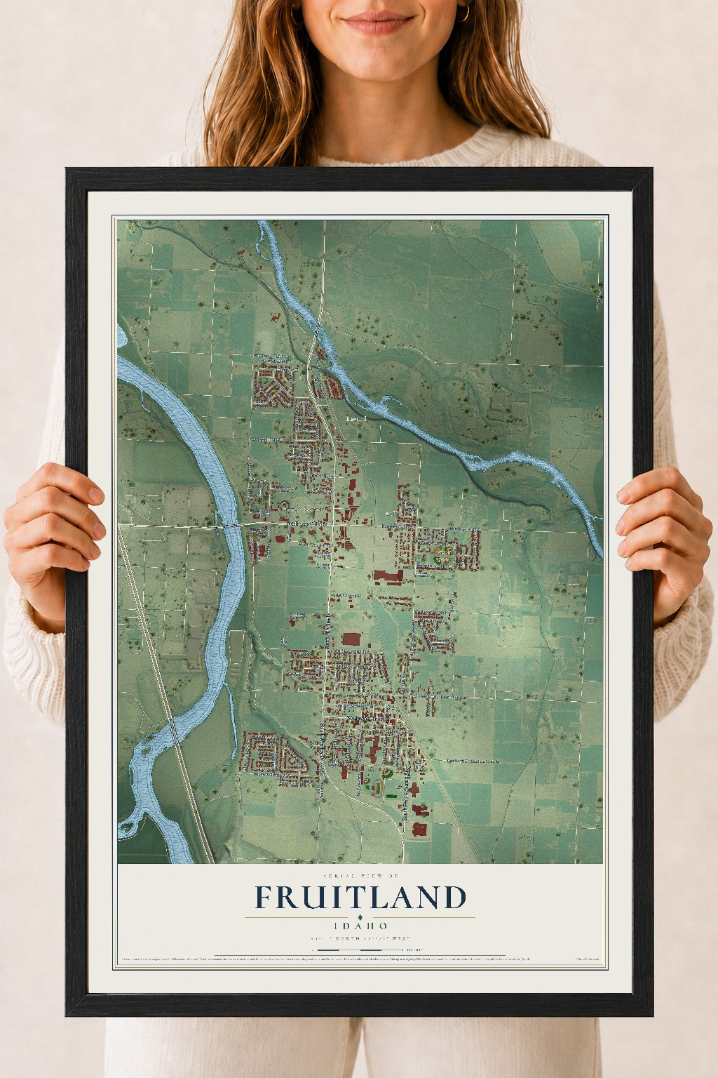 Map of Fruitland, Idaho, 18 x 24 inch print in a black wood frame