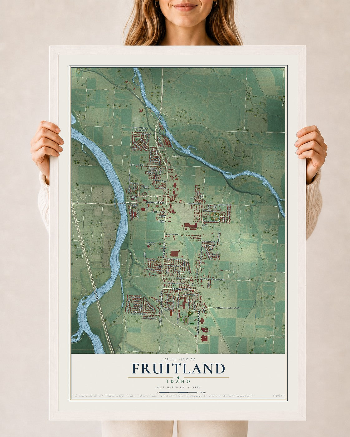 Map of Fruitland, Idaho, 24 x 36 inch print in a white wood frame