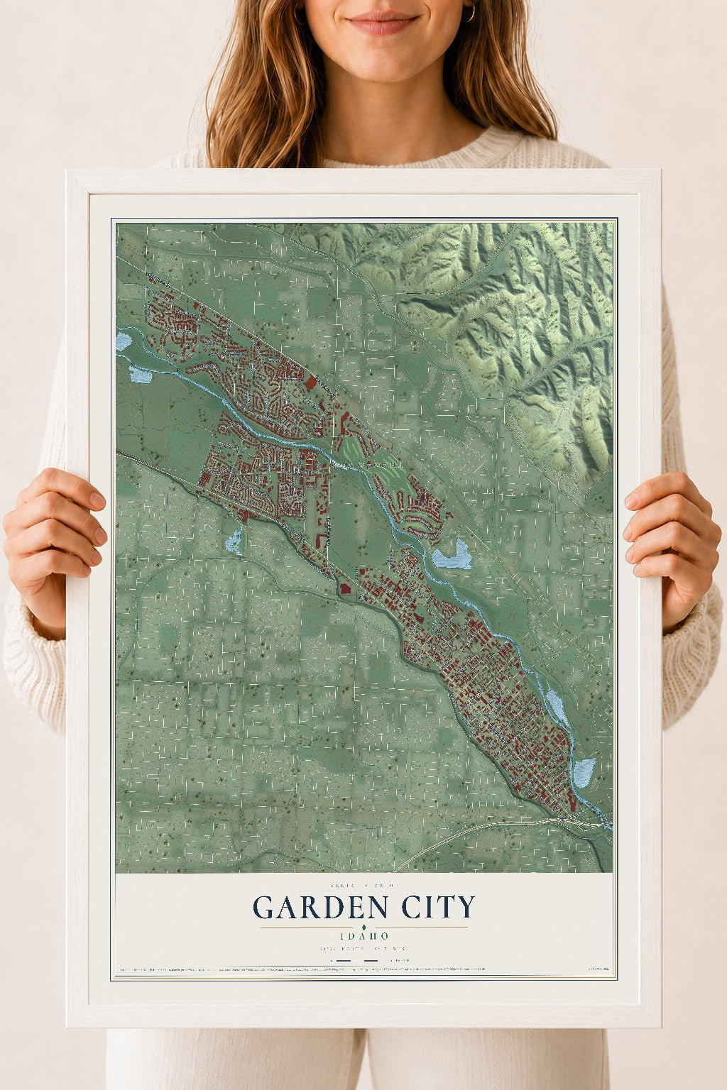 Map of Garden City, Idaho, 18 x 24 inch print in a white wood frame