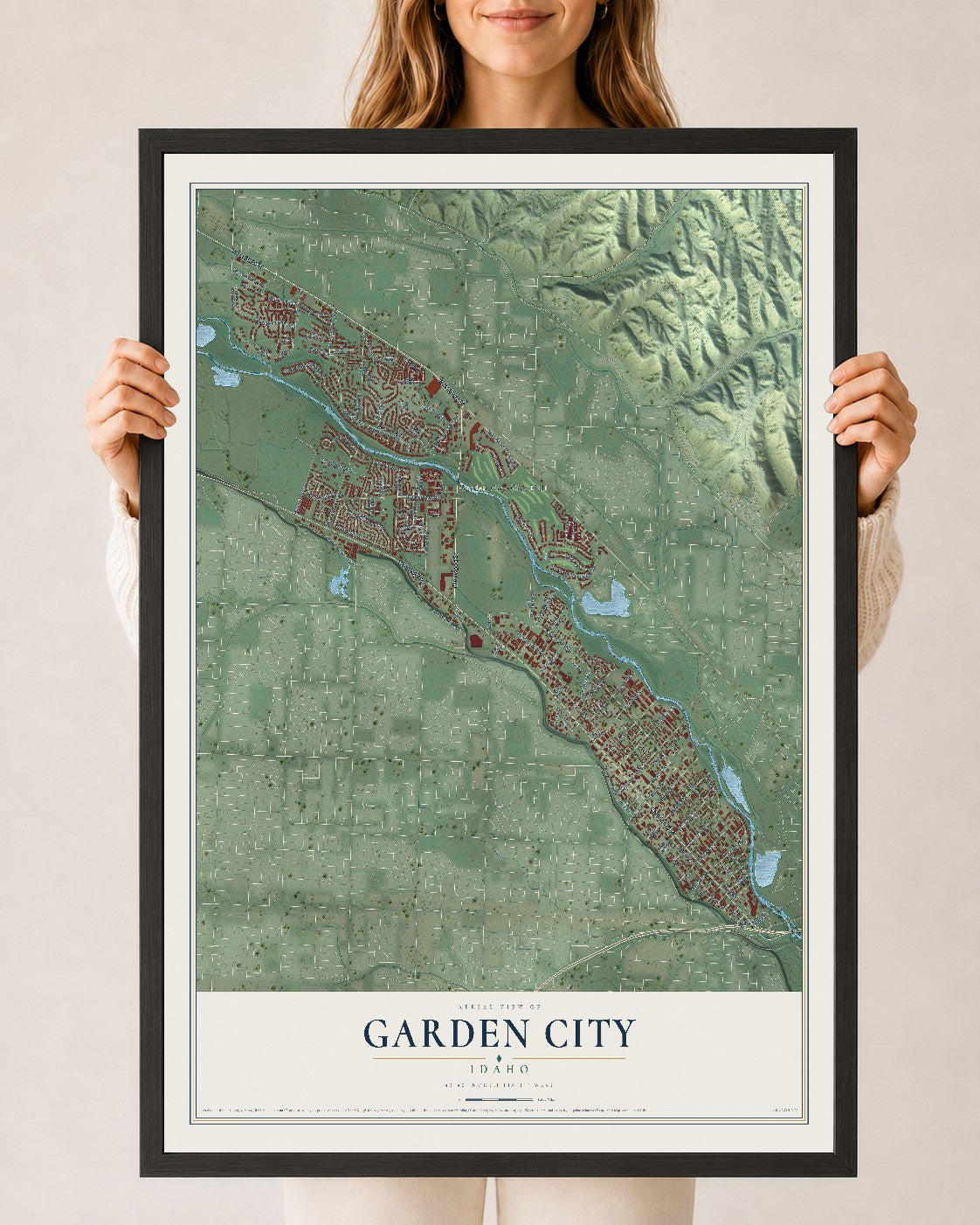 Map of Garden City, Idaho, 24 x 36 inch print in a black wood frame