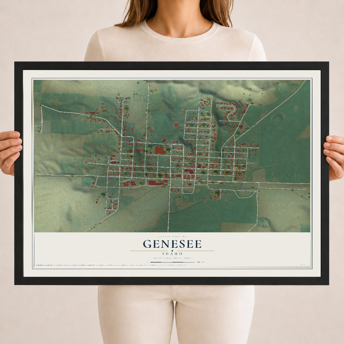 Map of Genesee, Idaho, 18 x 24 inch print in a black wood frame