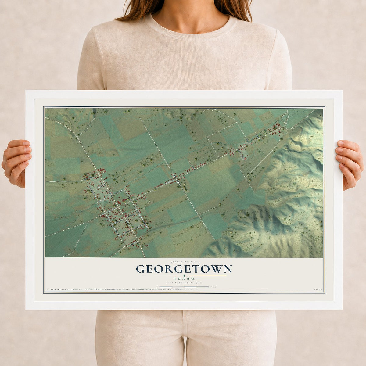 Map of Georgetown, Idaho, 12 x 18 inch print in a white wood frame