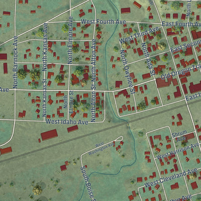 Close-up of the map of Glenns Ferry, Idaho print showing street and building detail