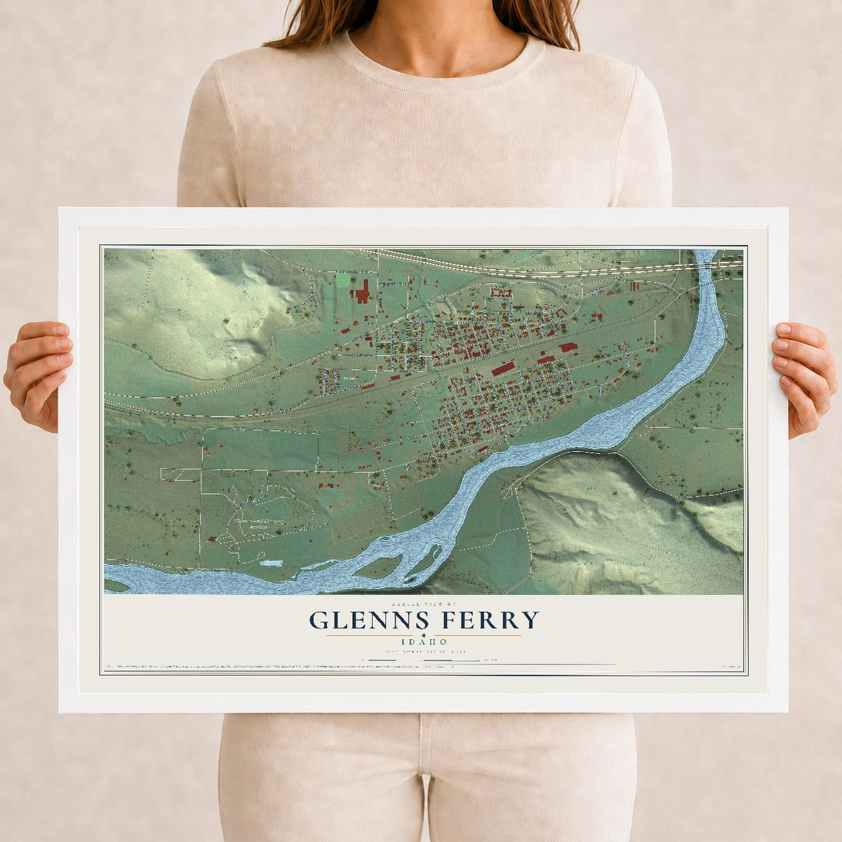 Map of Glenns Ferry, Idaho, 12 x 18 inch print in a white wood frame