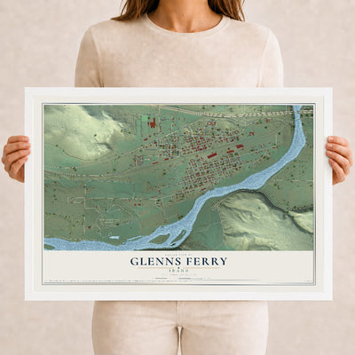Map of Glenns Ferry, Idaho, 12 x 18 inch print in a white wood frame