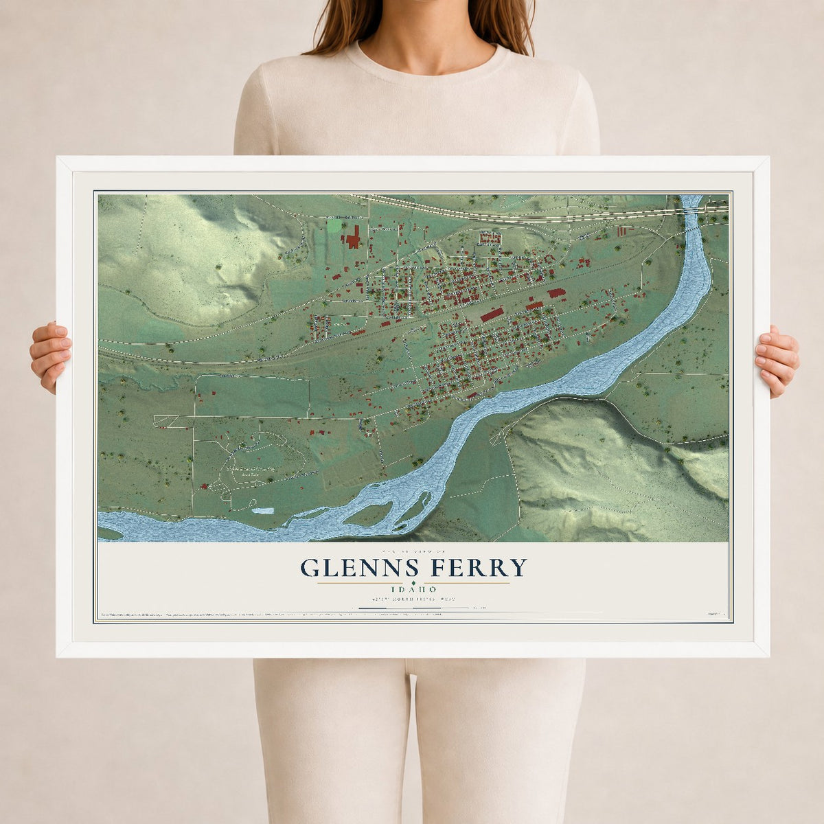 Map of Glenns Ferry, Idaho, 24 x 36 inch print in a white wood frame