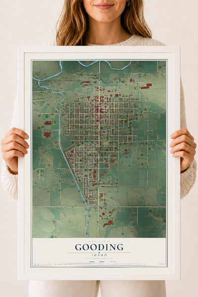 Map of Gooding, Idaho, 18 x 24 inch print in a white wood frame