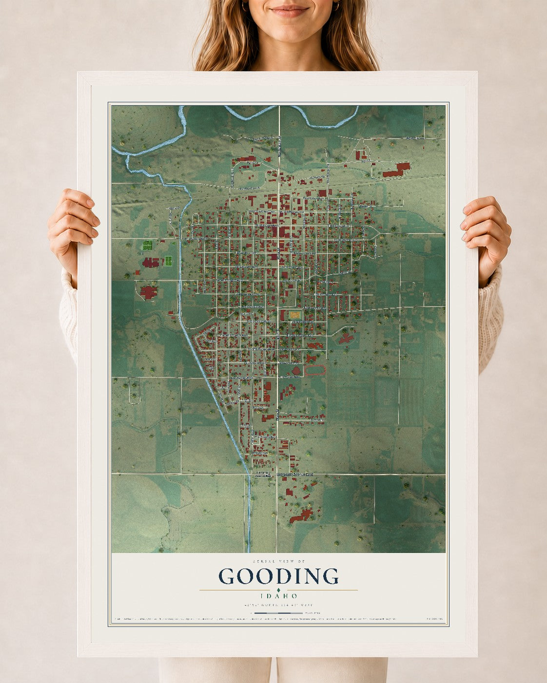 Map of Gooding, Idaho, 24 x 36 inch print in a white wood frame