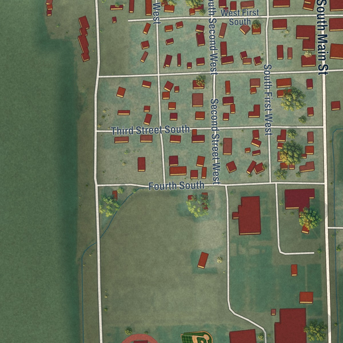 Second close-up of the map of Grace, Idaho print showing more streets and buildings