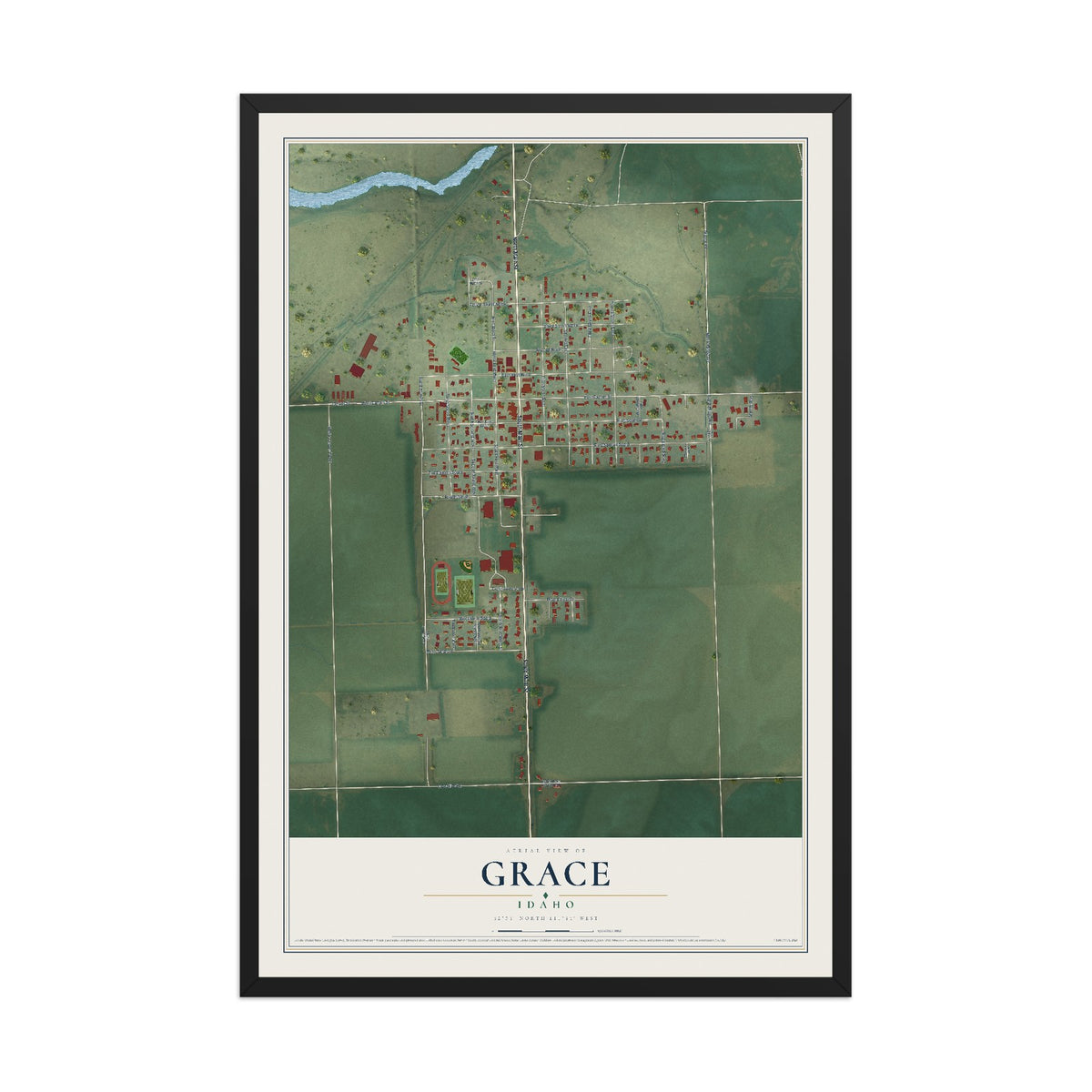 Map of Grace, Idaho, 12 x 18 inch print in a black wood frame